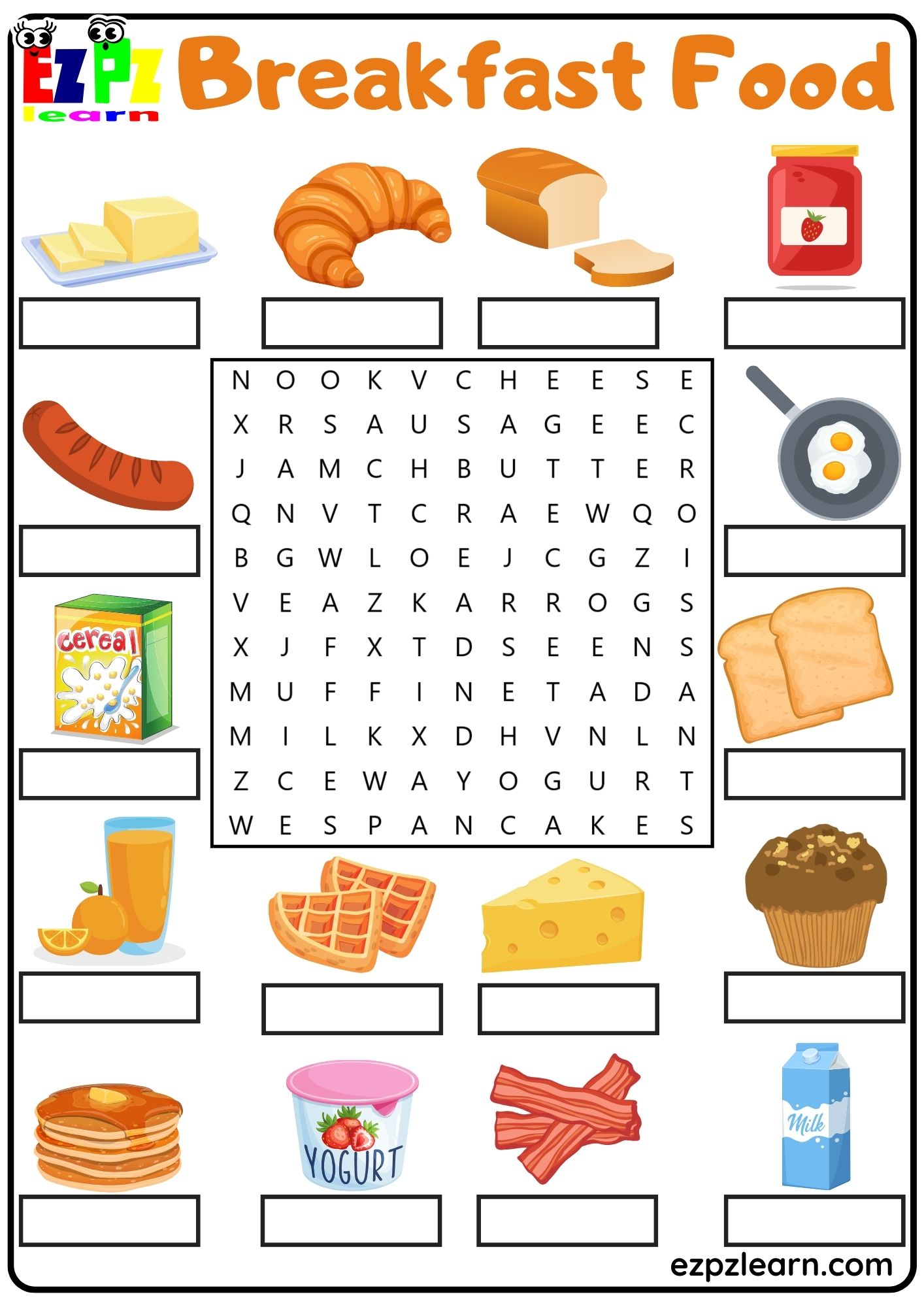Breakfast Food Vocabulary Word Search and Write the Words Activity for